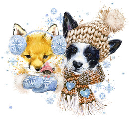 puppy dog and cute fox in a knitted hat with snowflake watercolor background. watercolor winter wild forest animal illustration. Winter holiday greeting card