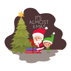 santa claus and elf with christmas tree and gifts