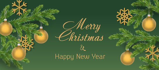Christmas branches banner in vector. New Year Greetings card. Congratulations!