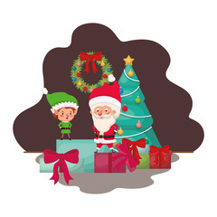 santa claus and elf with christmas tree and gifts