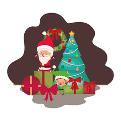 santa claus and elf with christmas tree and gifts