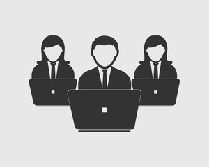 Online service Icon. Male and Female Icon behind computer