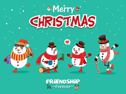Vintage Christmas poster design with vector Snowman, Santa Claus, elf, reindeer characters.