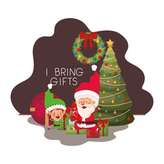 santa claus and elf with christmas tree and gifts
