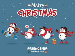 Fototapeta na wymiar Vintage Christmas poster design with vector Snowman, Santa Claus, elf, reindeer characters.