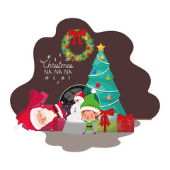 santa claus and elf with christmas tree