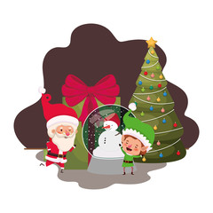 santa claus and elf with christmas tree