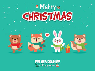 Vintage Christmas poster design with vector Snowman, Santa Claus, elf, reindeer, fox, bear, squirrel, rabbit characters.