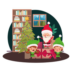 couple of elves and santa claus with christmas tree