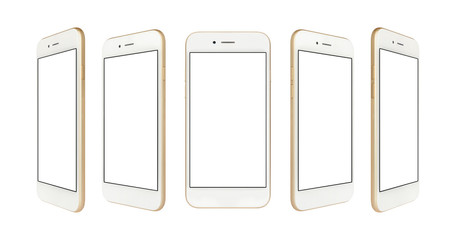 Perspective concept of white and gold empty screen smartphone isolated on white background