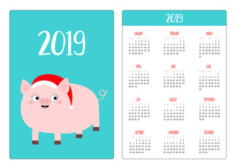 Simple pocket calendar layout 2019 new year. Pig in red Santa Claus hat. Week starts Sunday. Cute cartoon character. Vertical orientation. Flat design. Blue background.