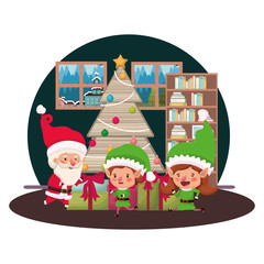 couple of elves and santa claus with christmas tree