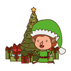 elf with christmas tree and gifts