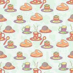 Table for tea. Cup, biscuit, cake. Cheerful background. Seamless. Doodle, sketch.