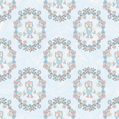 Owl and flowers. Seamless. children, cheerful blue background. Sketch doodle.