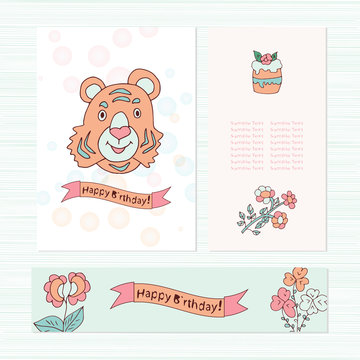 Template greeting card, invitation. Cheerful, kids. The image of a tiger. Sketch doodle. Set.