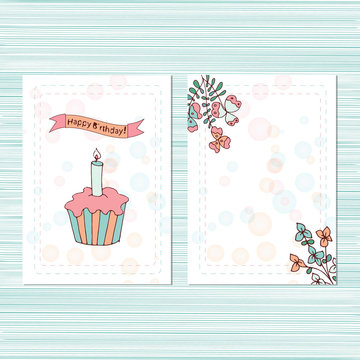 One year. Birthday. Template. Postcard invitation. Cake with candles. Set. Sketch doodle.