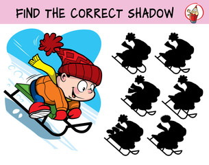 Little boy sledding down the hill. Find the correct shadow. Educational matching game for children. Cartoon vector illustration © Leh