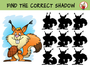Funny squirrel with a cone. Find the correct shadow. Educational matching game for children. Cartoon vector illustration
