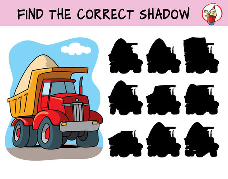 Big red tipper truck. Find the correct shadow. Educational matching game for children. Cartoon vector illustration