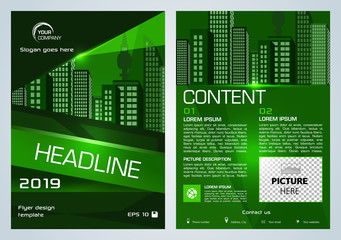 Vector flyer, corporate business, annual report, brochure design and cover presentation with triangle and vector city in green color