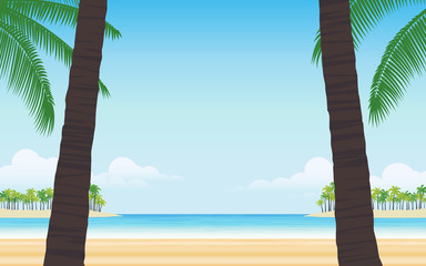 palm tree on beach in flat icon design at noon under blue sky background