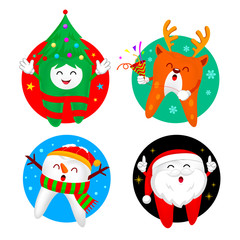Christmas Teeth Characters design in circle. Santa Claus, Snowman Christmas tree and Reindeer. Merry Christmas and Happy new year concept. Illustration isolated on white background.