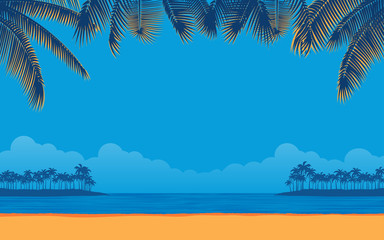 Fototapeta na wymiar beach landscape and palm tree in flat icon design under blue color sky background