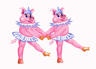 Two funny pigs dancing ballet.