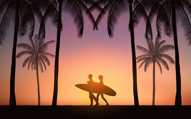 Silhouette couple surfer walking and carrying surfboard on beach with palm tree under sunset sky background