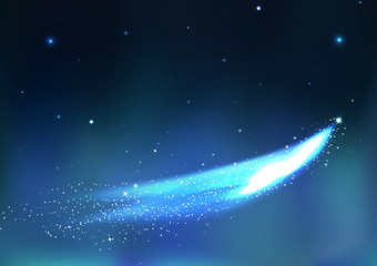 Icy comets sparkle on stars scatter on night fantasy sky, astronomy constellation blue concept abstract background vector illustration © Hatcha