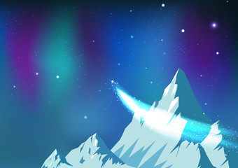 Obraz na płótnie Canvas Stars scatter, comet traveling on night sky with aurora, fantasy astronomy constellation ice mountains landscape arctic concept abstract background vector illustration