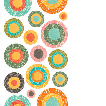Decorative abstract polka dots in the style of the 60s. Cheerful polka dot vector vertical seamless pattern. Can be used in textile industry, paper, background, scrapbooking.