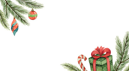 Watercolor vector Christmas banner with fir branches, gifts, balls.