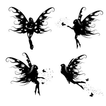 Fairy silhouette collection sets isolated on white space background, fantasy miracle nature vector illustration