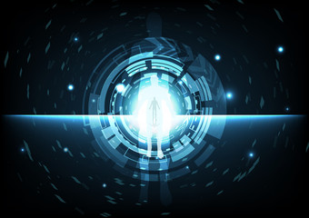 Digital technology gate circular ring with man in cyberspace abstract background vector illustration