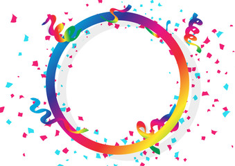 Confetti celebration, ribbons and paper scatter falling with circular ring spectrum rainbow frame using for holidays concept on white space abstract background vector illustration