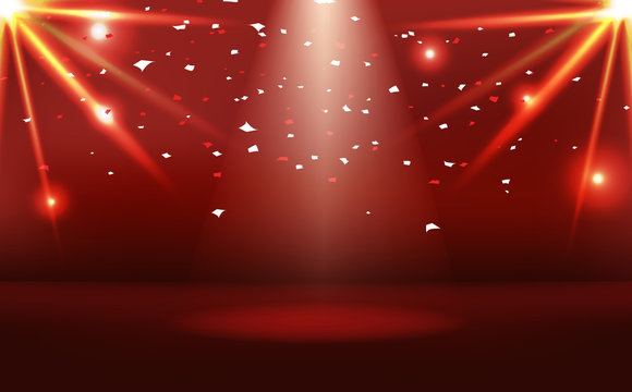 Red stage with neon bright effect and paper confetti celebrate, sunburst light beam scatter abstract background vector illustration