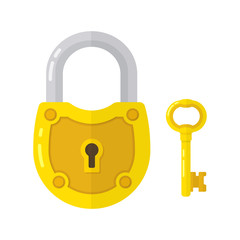 Flat Golden Padlock With Key Vector Illustration
