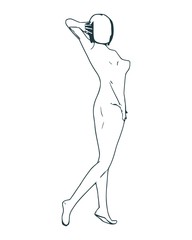 Beautiful sexy fitness girl. Pretty naked woman. Back view. Thin line style art.
