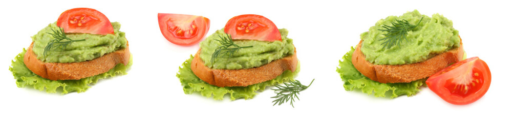 sandwich with avocado cream isolated on white background. Healthy food