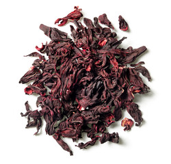 Obraz premium Karkade, red tea isolated on white background. Top view. Close up. High resolution
