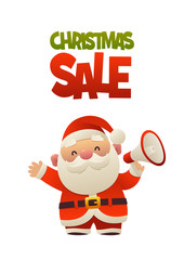 Cute cartoon Santa Claus with megaphone and text Christmas sale