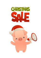 Cute cartoon pig with megaphone and text Christmas sale