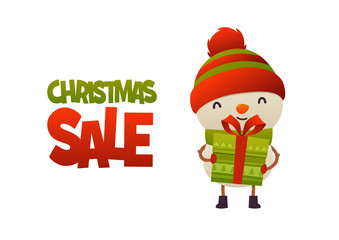 Happy cute cartoon snowman with gift present and text Christmas sale