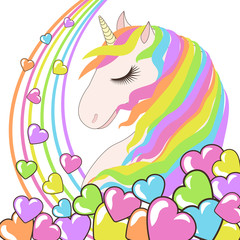 White Unicorn with rainbow hair and hearts vector illustration for children design.