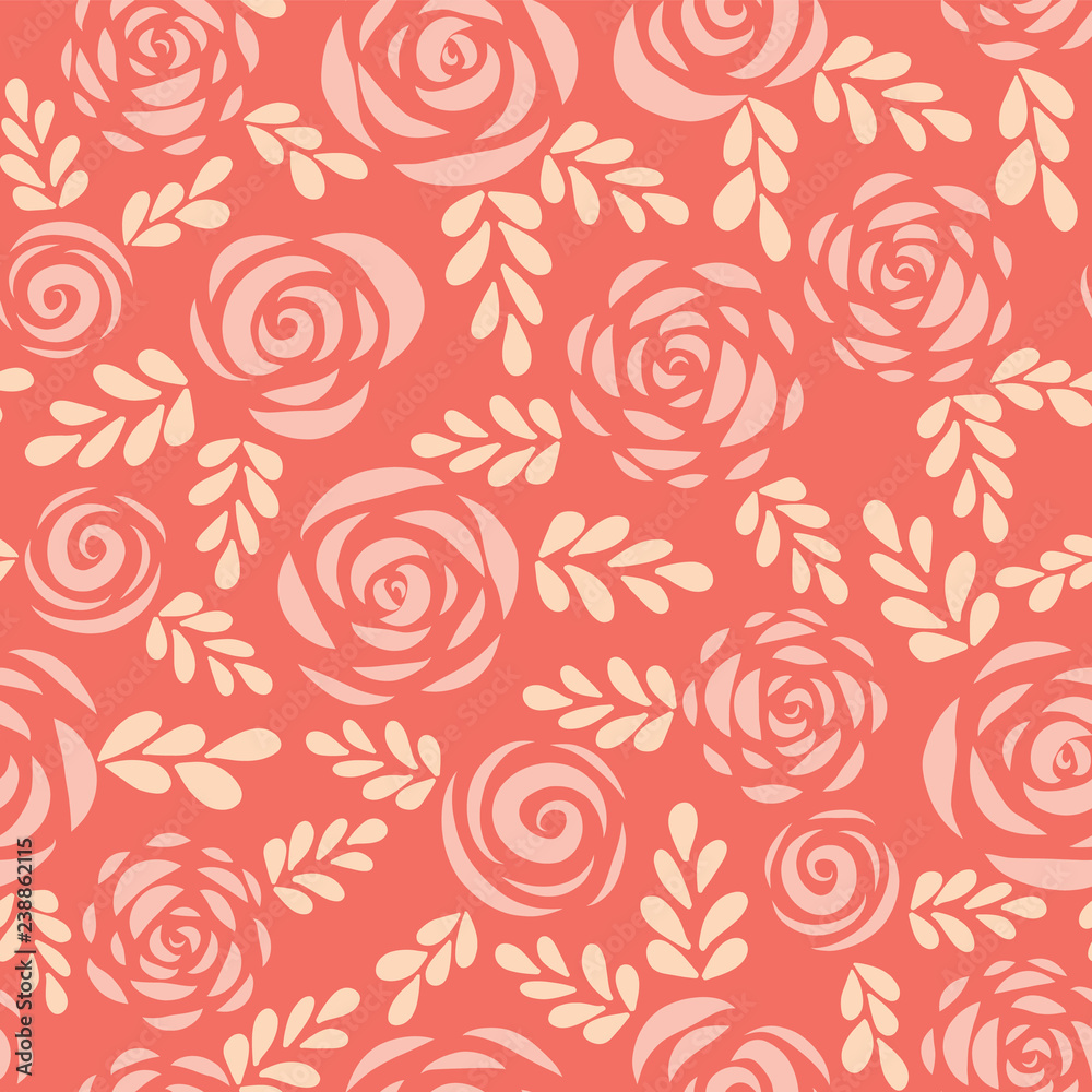 Canvas Prints Seamless vector pattern abstract Scandinavian style flat roses and leaves red pink coral background. Floral silhouettes. Flower pattern for Valentines, greeting card, poster, banner, stencil, wedding.