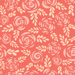Seamless vector pattern abstract Scandinavian style flat roses and leaves red pink coral background. Floral silhouettes. Flower pattern for Valentines, greeting card, poster, banner, stencil, wedding.