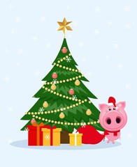 Vector Christmas greeting card with christmas tree and decorations, gift boxes and cute cartoon pig with santa bag. Holiday poster,card,banner. Happy new year