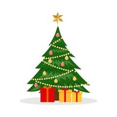 Vector Christmas greeting card with christmas tree and decorations, gift boxes and snowfall. Holiday poster,card,banner